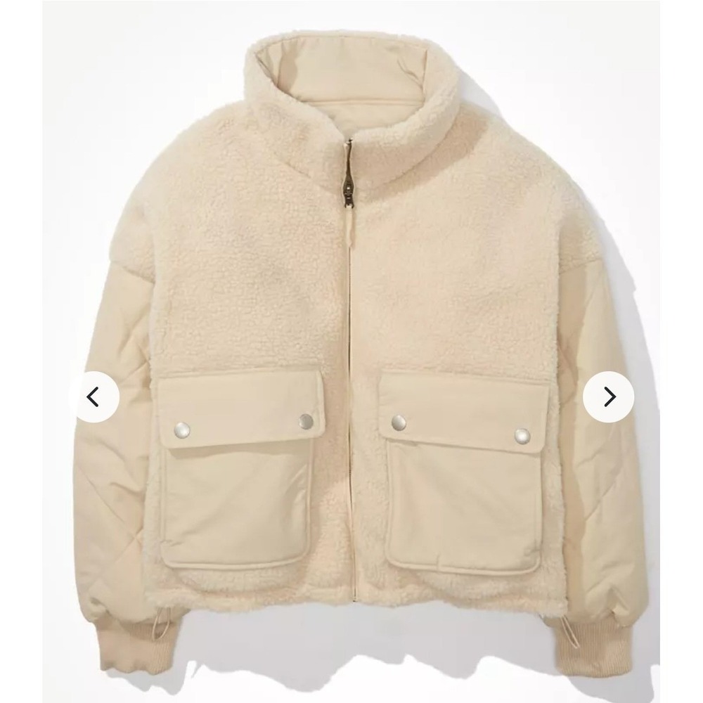American Eagle Reversible Puffer Jacket Womens M Cream Excellent Sherpa Quilted - Picture 5 of 12